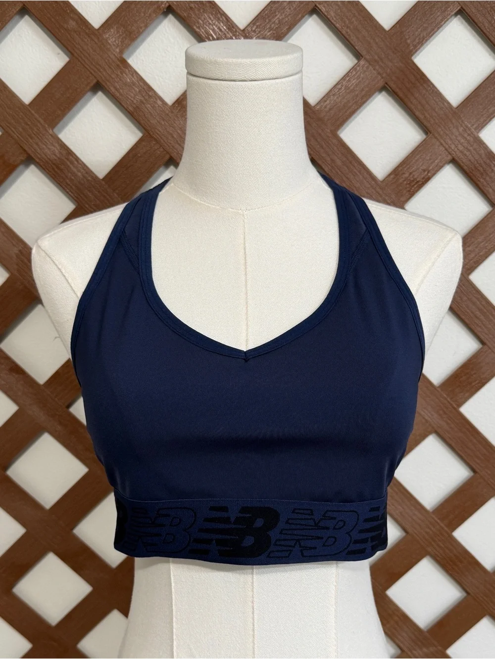 WAT33 {New Balance} Navy Blue Logo Band V-Neck Halter Neck Racerback Sports Bra